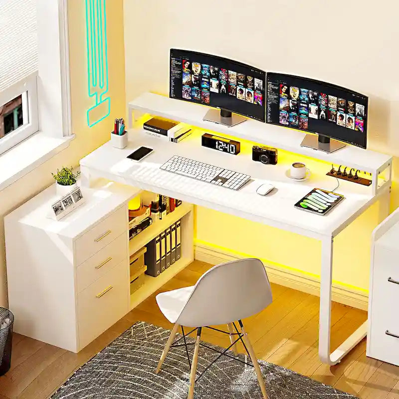 55 Inch L-shaped Gaming Desk with Power Outlets and LED Lights Computer Corner Desk with File Cabinet Monitor Stand