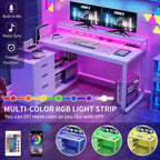 55 Inch L-shaped Gaming Desk with Power Outlets and LED Lights Computer Corner Desk with File Cabinet Monitor Stand