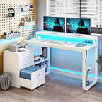 55 Inch L-shaped Gaming Desk with Power Outlets and LED Lights Computer Corner Desk with File Cabinet Monitor Stand
