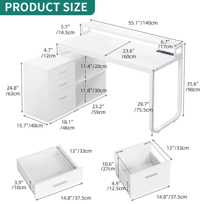 55 Inch L-shaped Gaming Desk with Power Outlets and LED Lights Computer Corner Desk with File Cabinet Monitor Stand
