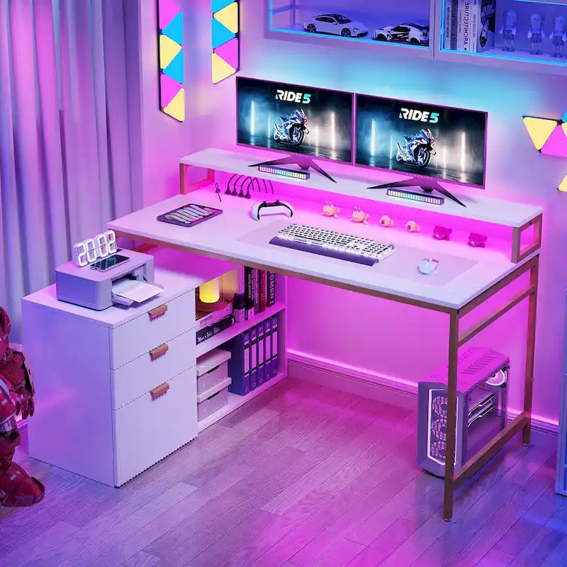 55 Inch L-shaped Gaming Desk with Power Outlets and LED Lights Computer Corner Desk with File Cabinet Monitor Stand