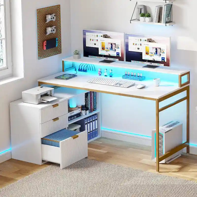 55 Inch L-shaped Gaming Desk with Power Outlets and LED Lights Computer Corner Desk with File Cabinet Monitor Stand