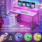 55 Inch L-shaped Gaming Desk with Power Outlets and LED Lights Computer Corner Desk with File Cabinet Monitor Stand