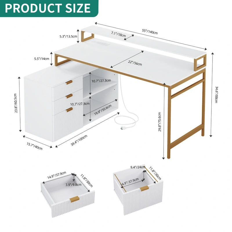 55 Inch L-shaped Gaming Desk with Power Outlets and LED Lights Computer Corner Desk with File Cabinet Monitor Stand