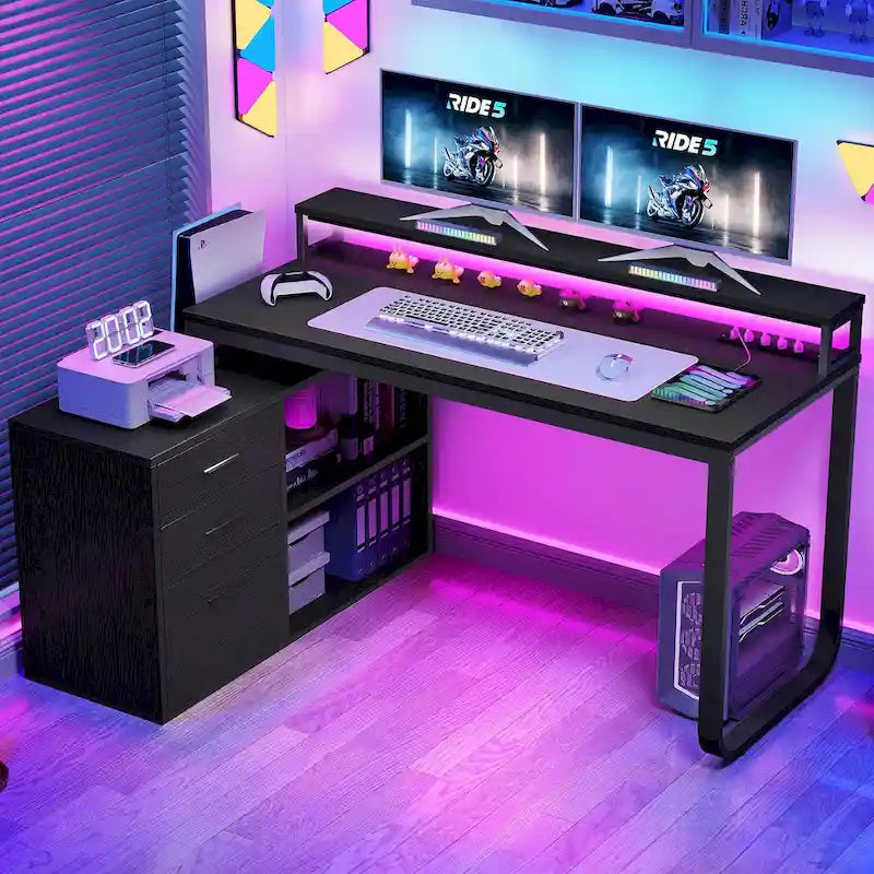 55 Inch L-shaped Gaming Desk with Power Outlets and LED Lights Computer Corner Desk with File Cabinet Monitor Stand