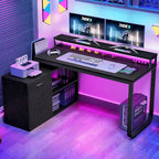 55 Inch L-shaped Gaming Desk with Power Outlets and LED Lights Computer Corner Desk with File Cabinet Monitor Stand