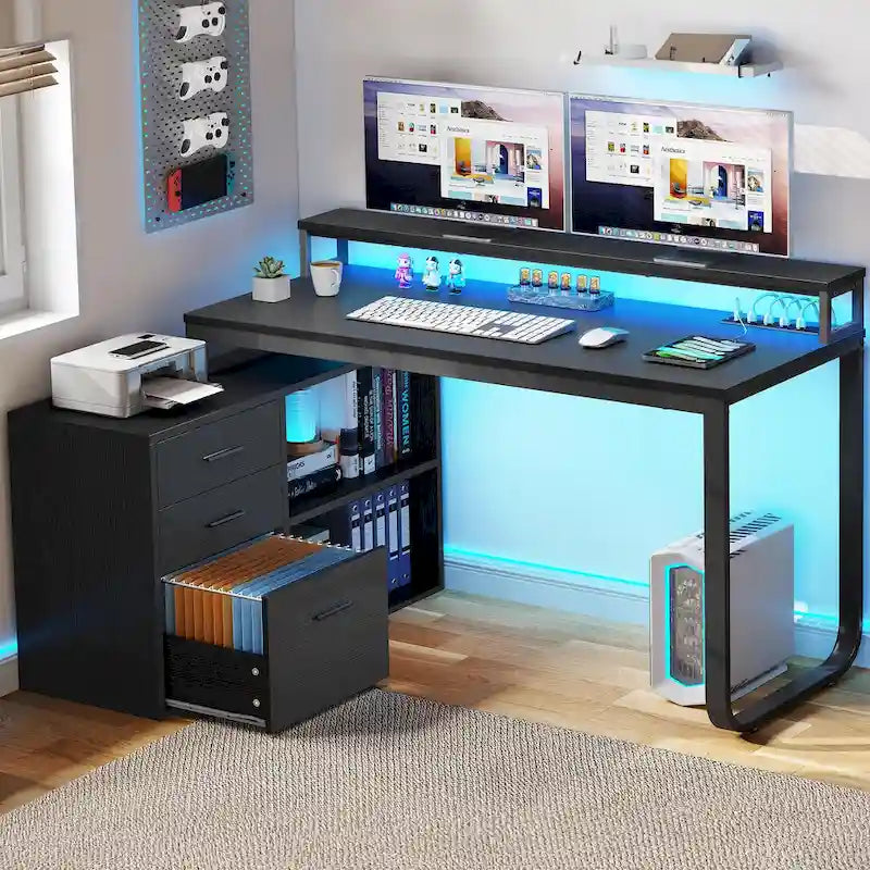55 Inch L-shaped Gaming Desk with Power Outlets and LED Lights Computer Corner Desk with File Cabinet Monitor Stand