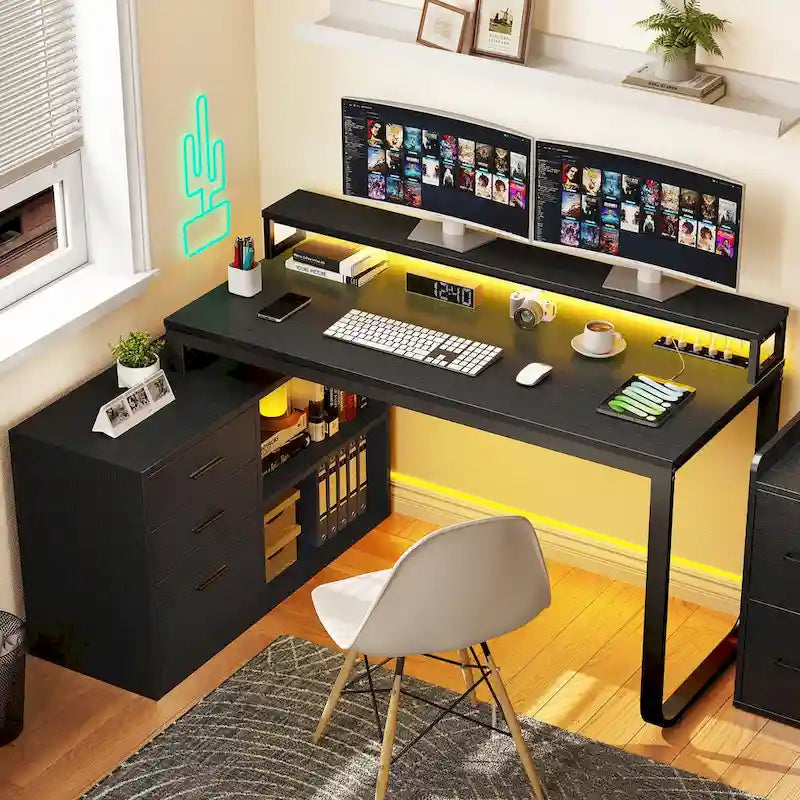 55 Inch L-shaped Gaming Desk with Power Outlets and LED Lights Computer Corner Desk with File Cabinet Monitor Stand