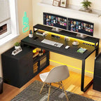 55 Inch L-shaped Gaming Desk with Power Outlets and LED Lights Computer Corner Desk with File Cabinet Monitor Stand