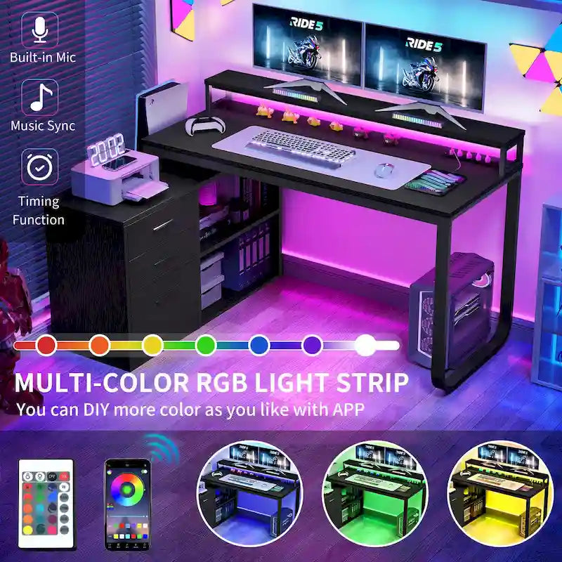 55 Inch L-shaped Gaming Desk with Power Outlets and LED Lights Computer Corner Desk with File Cabinet Monitor Stand