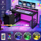 55 Inch L-shaped Gaming Desk with Power Outlets and LED Lights Computer Corner Desk with File Cabinet Monitor Stand
