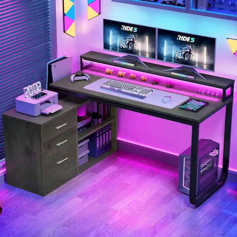 55 Inch L-shaped Gaming Desk with Power Outlets and LED Lights Computer Corner Desk with File Cabinet Monitor Stand