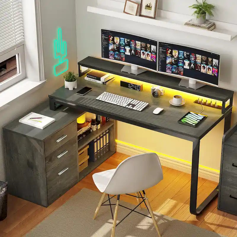 55 Inch L-shaped Gaming Desk with Power Outlets and LED Lights Computer Corner Desk with File Cabinet Monitor Stand