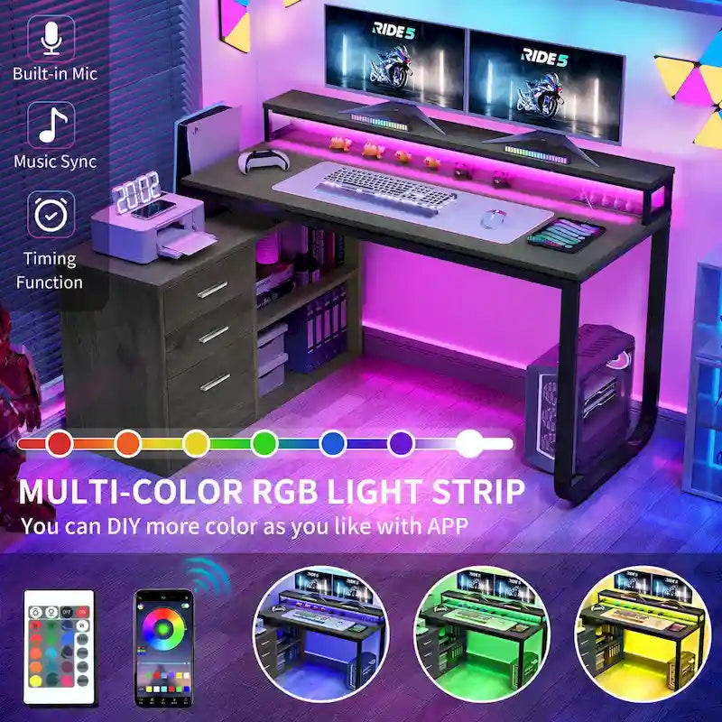 55 Inch L-shaped Gaming Desk with Power Outlets and LED Lights Computer Corner Desk with File Cabinet Monitor Stand
