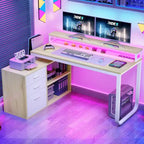 55 Inch L-shaped Gaming Desk with Power Outlets and LED Lights Computer Corner Desk with File Cabinet Monitor Stand
