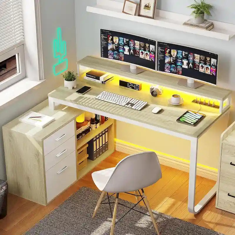55 Inch L-shaped Gaming Desk with Power Outlets and LED Lights Computer Corner Desk with File Cabinet Monitor Stand