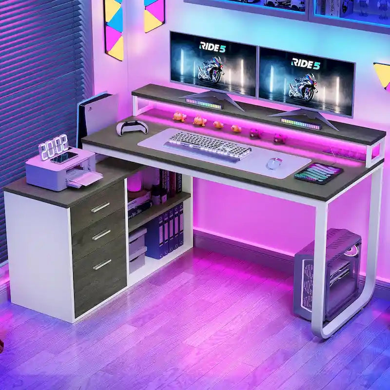 55 Inch L-shaped Gaming Desk with Power Outlets and LED Lights Computer Corner Desk with File Cabinet Monitor Stand