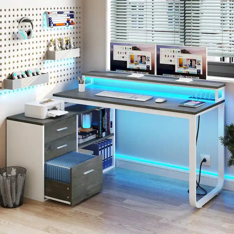 55 Inch L-shaped Gaming Desk with Power Outlets and LED Lights Computer Corner Desk with File Cabinet Monitor Stand
