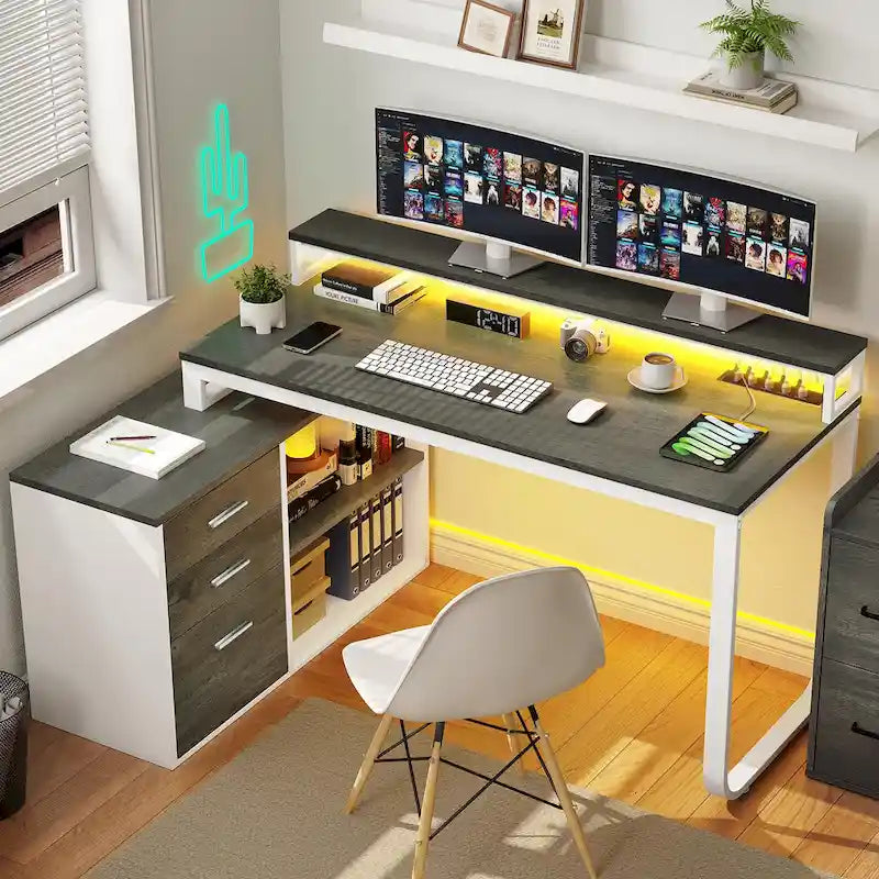 55 Inch L-shaped Gaming Desk with Power Outlets and LED Lights Computer Corner Desk with File Cabinet Monitor Stand