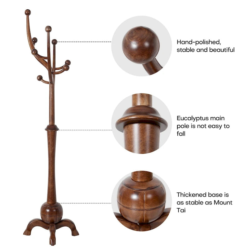 Rubberwood Freestanding Coat Rack with 8 Hooks - 24.5W x 70.87H