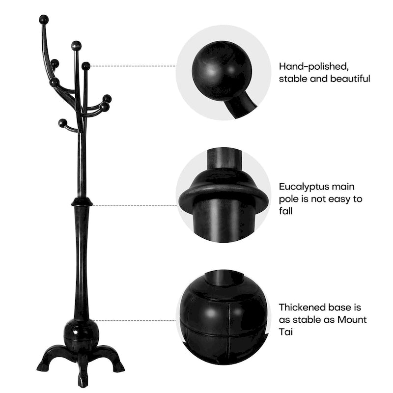 Rubberwood Freestanding Coat Rack with 8 Hooks - 24.5W x 70.87H