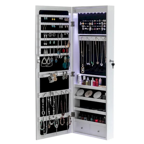 4-Layer Shelf, 2 Drawers, 8 Blue LED Lights, Jewelry Storage Mirror Cabinet
