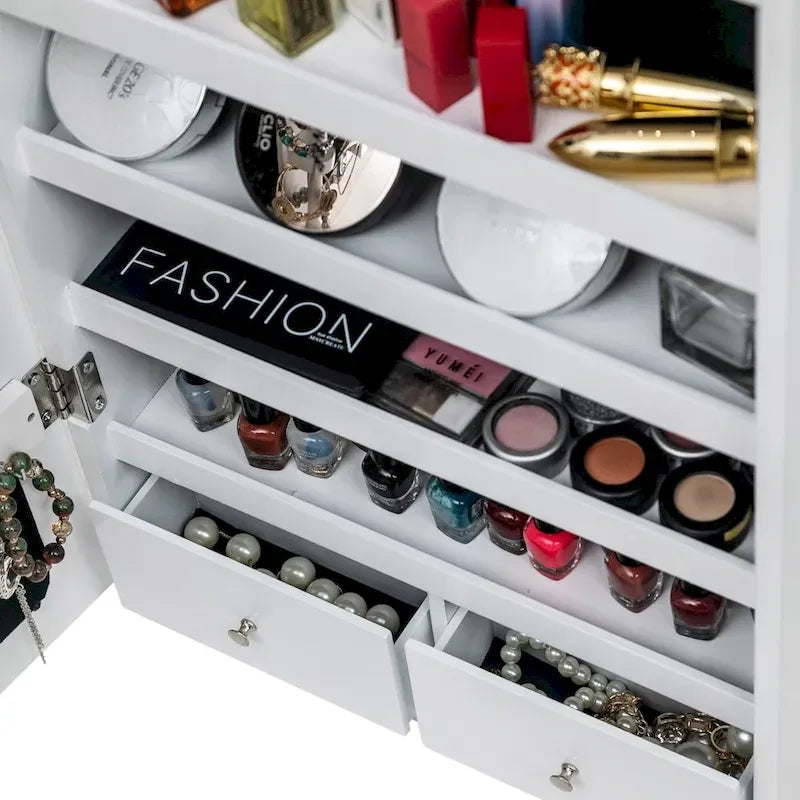 4-Layer Shelf, 2 Drawers, 8 Blue LED Lights, Jewelry Storage Mirror Cabinet