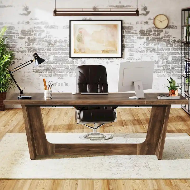 70.87-Inch Executive Desk, Wood Computer Desk for Home Office, Workstation Business Furniture