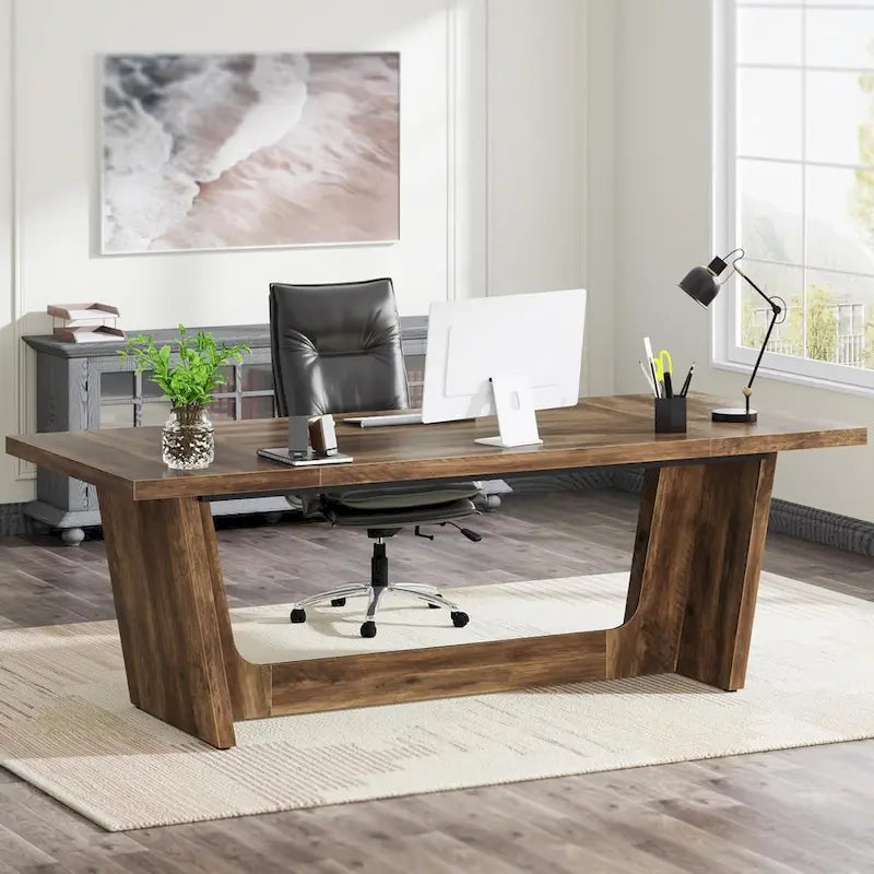 70.87-Inch Executive Desk, Wood Computer Desk for Home Office, Workstation Business Furniture