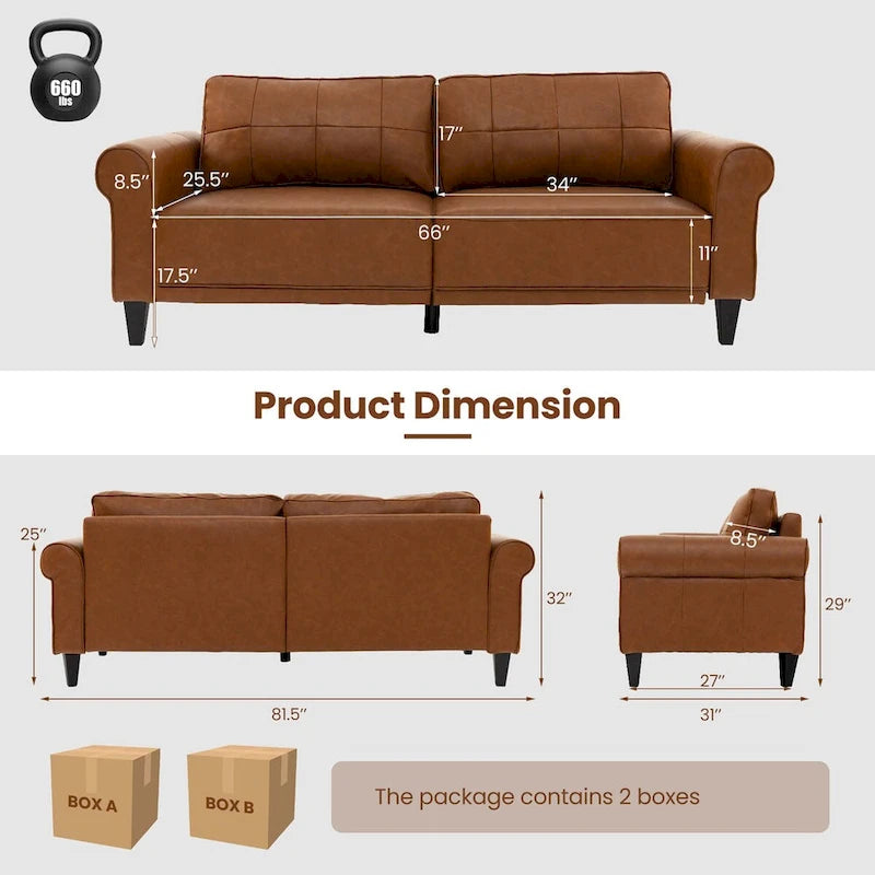 3-Seater PU Leather Sofa Couch with Back Pillows, 81.5"