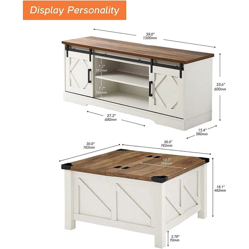 Farmhouse Sliding Barn Door TV Stand and Coffee Table Set of 2
