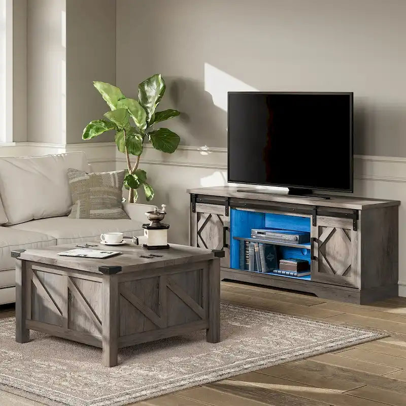 Farmhouse Sliding Barn Door TV Stand and Coffee Table Set of 2