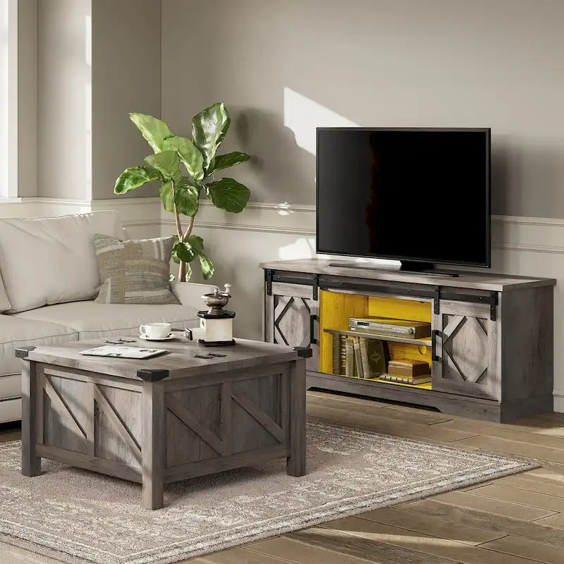 Farmhouse Sliding Barn Door TV Stand and Coffee Table Set of 2