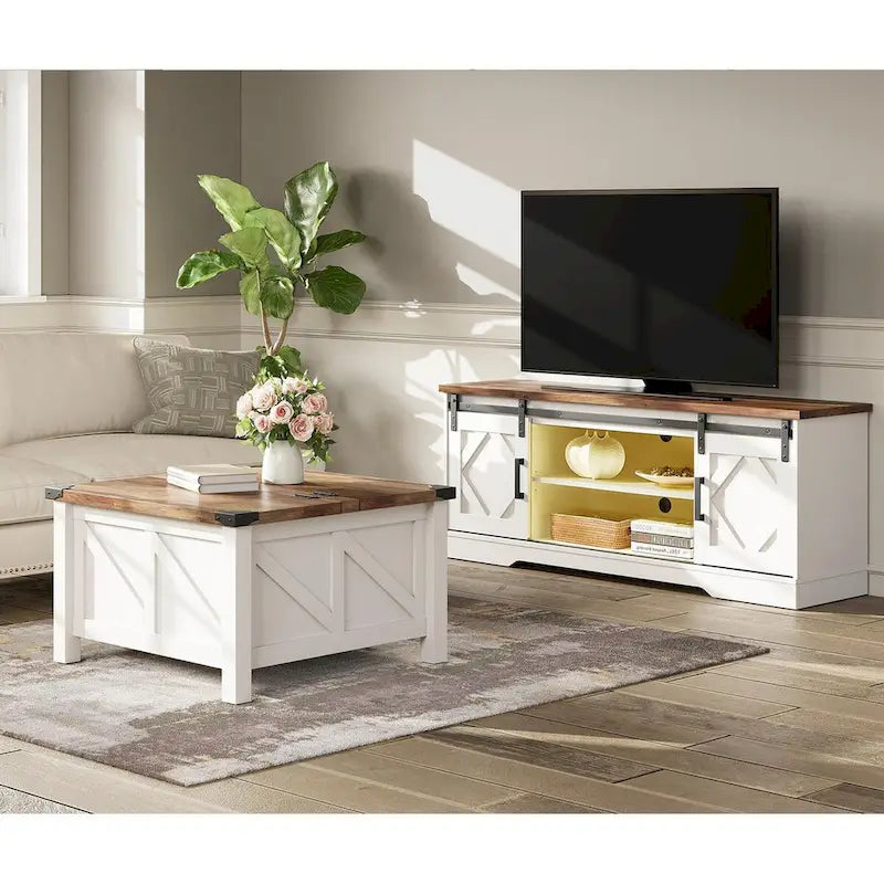 Farmhouse Sliding Barn Door TV Stand and Coffee Table Set of 2