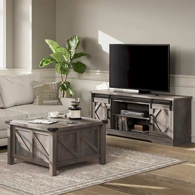 Farmhouse Sliding Barn Door TV Stand and Coffee Table Set of 2