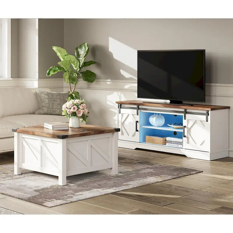 Farmhouse Sliding Barn Door TV Stand and Coffee Table Set of 2