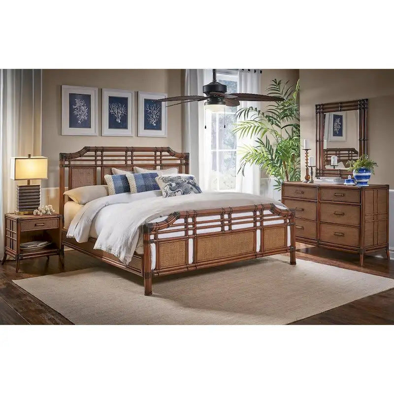 Six-Drawer Rattan Dresser with Antique Finish