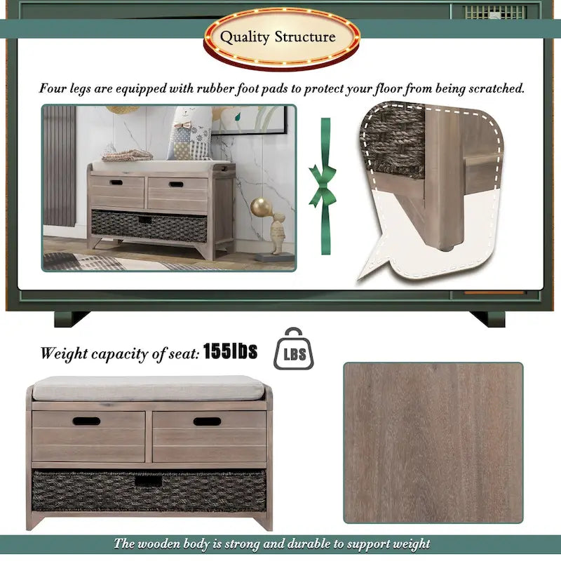 Storage Bench with Removable Basket and 2 Drawers, Fully Assembled Shoe Bench with Removable Cushion