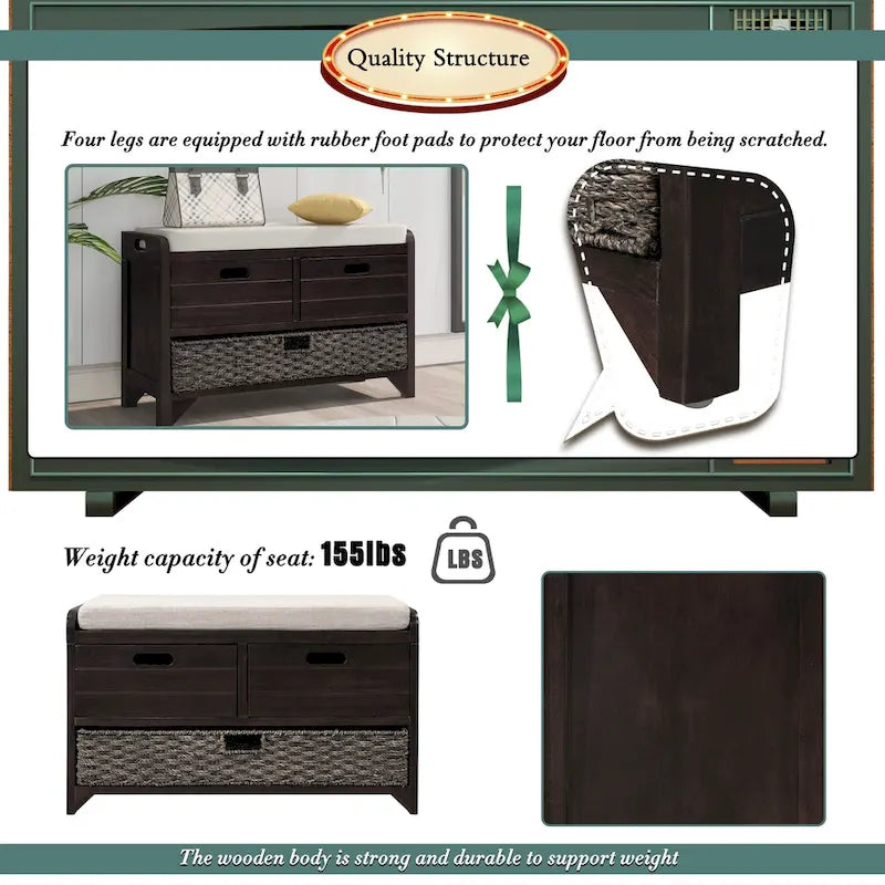 Storage Bench with Removable Basket and 2 Drawers, Fully Assembled Shoe Bench with Removable Cushion