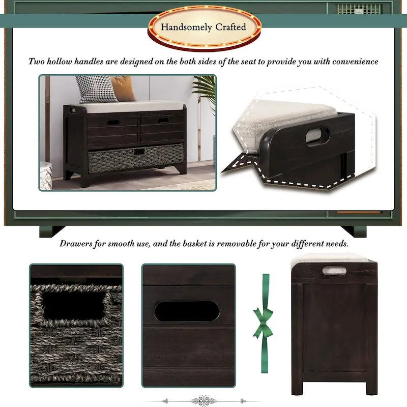 Storage Bench with Removable Basket and 2 Drawers, Fully Assembled Shoe Bench with Removable Cushion