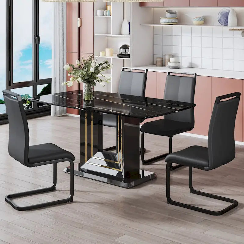 Dining table. Black imitation marble pattern desktop. Black MDF table legs, gold lines, black base