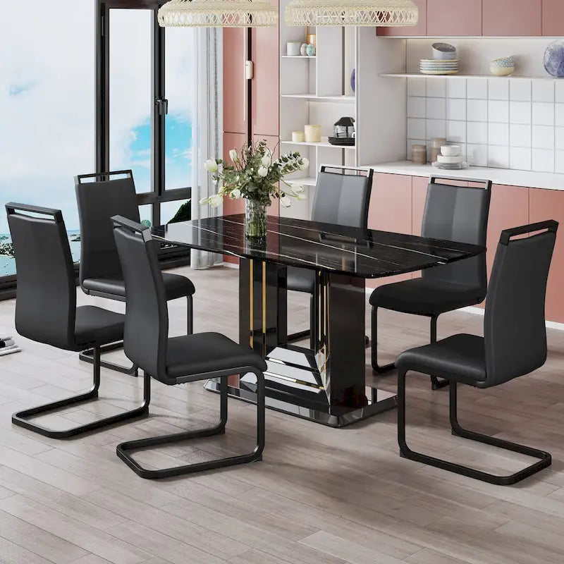 Dining table. Black imitation marble pattern desktop. Black MDF table legs, gold lines, black base