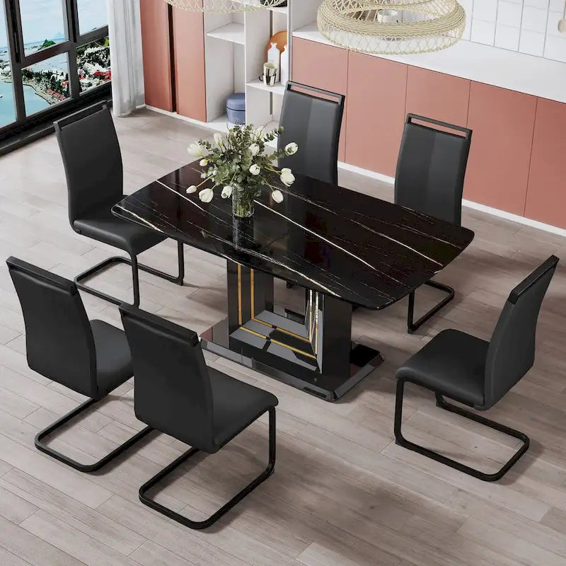Dining table. Black imitation marble pattern desktop. Black MDF table legs, gold lines, black base